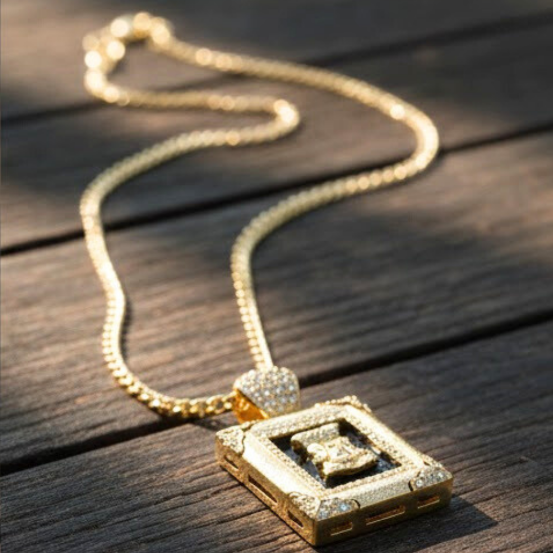 14K Gold Filled Frame Pendant Necklace – Rectangular Black Stone & Gold Medallion Charm